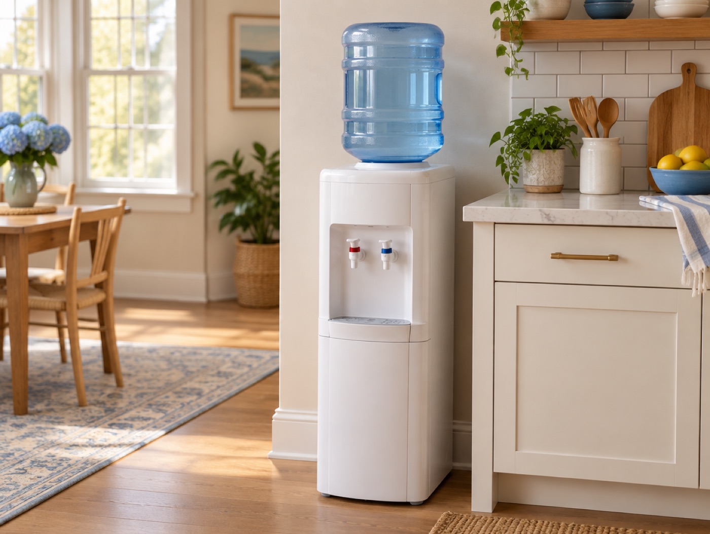 A water cooler beside a kitchen counter
