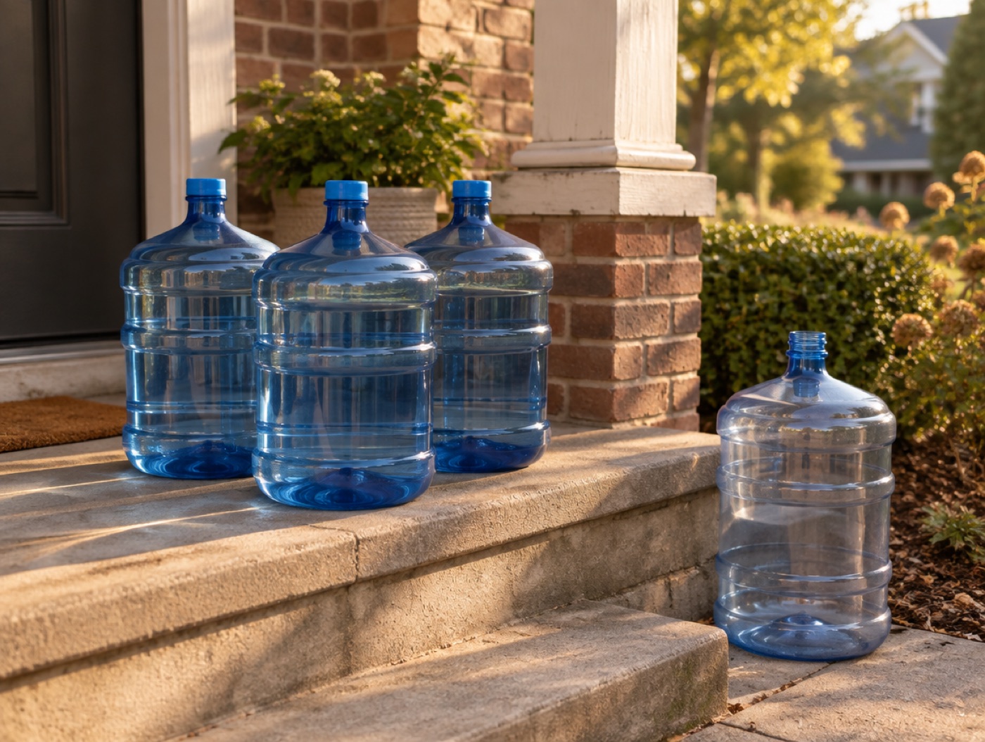 Full bottles on a porch step with an empty set aside for pickup
