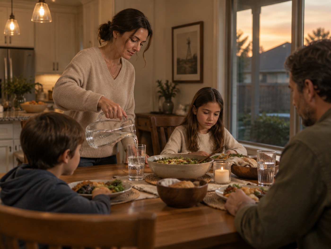 Water poured into glasses at a family dinner table